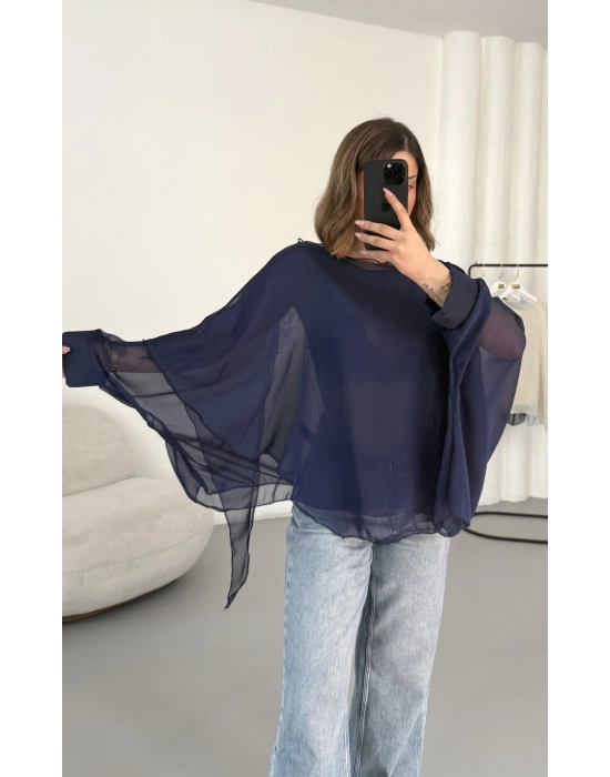 Sally Transparan Bluz - Lacivert