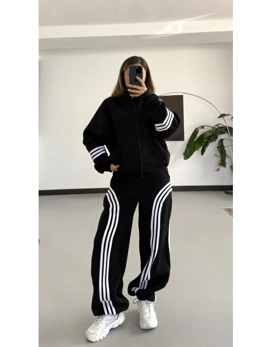 Şardonlu Şeritli Takım - Siyah