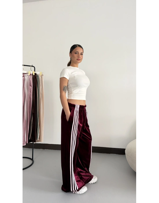 Şeritli Kadife Eşofman- Bordo