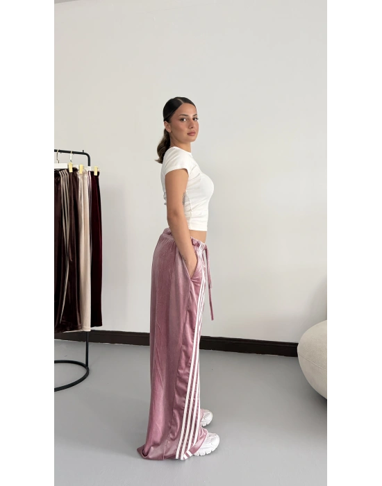 Şeritli Kadife Eşofman- Pembe