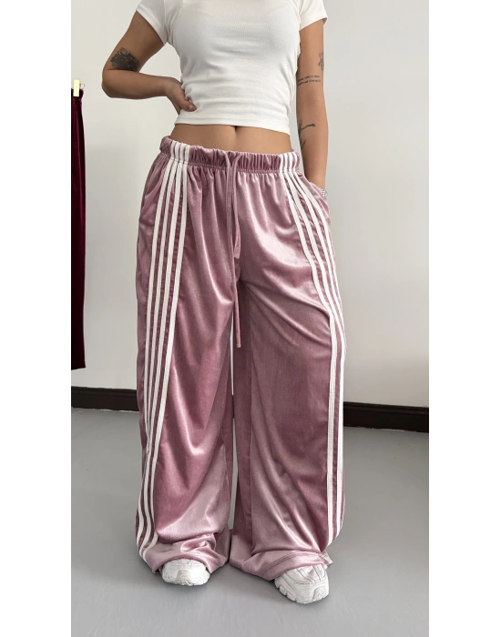 Şeritli Kadife Eşofman- Pembe