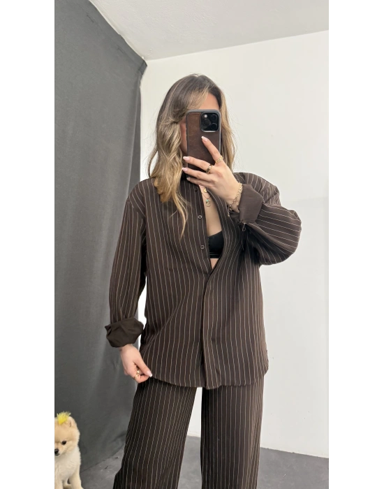 Shay Maskülen Çizgili Takım - Kahve