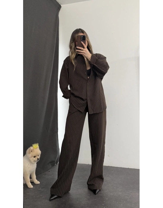 Shay Maskülen Çizgili Takım - Kahve