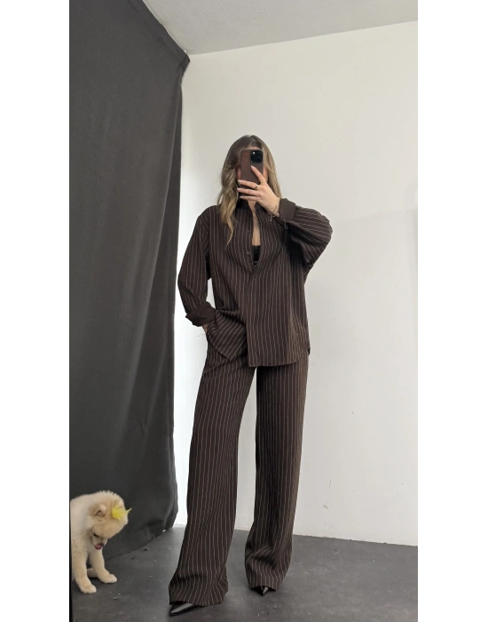 Shay Maskülen Çizgili Takım - Kahve