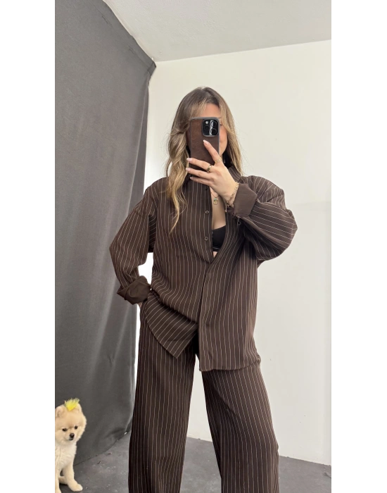 Shay Maskülen Çizgili Takım - Kahve