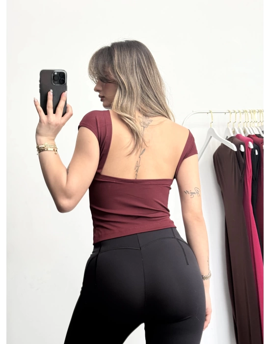 Sırt Dekolte Crop - Bordo