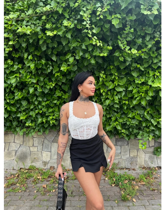 Sırt Dekotle Dantelli Korse Crop- Beyaz