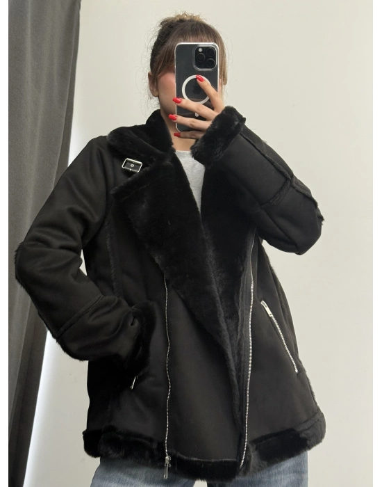 Sky Kürklü Ceket - Siyah