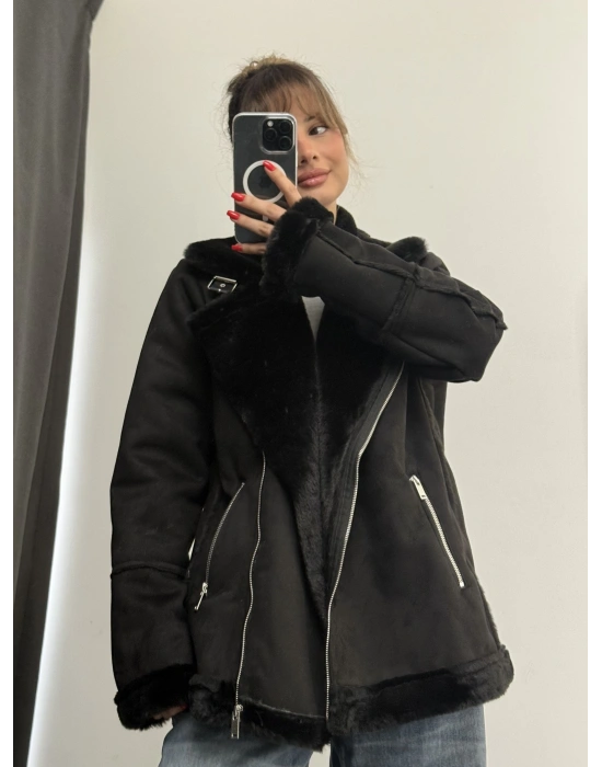 Sky Kürklü Ceket - Siyah