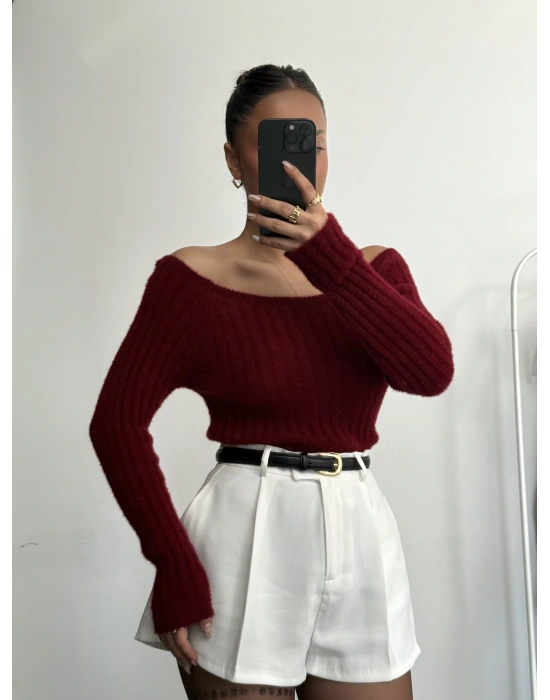 Soft Kayık Yaka Kazak - Bordo