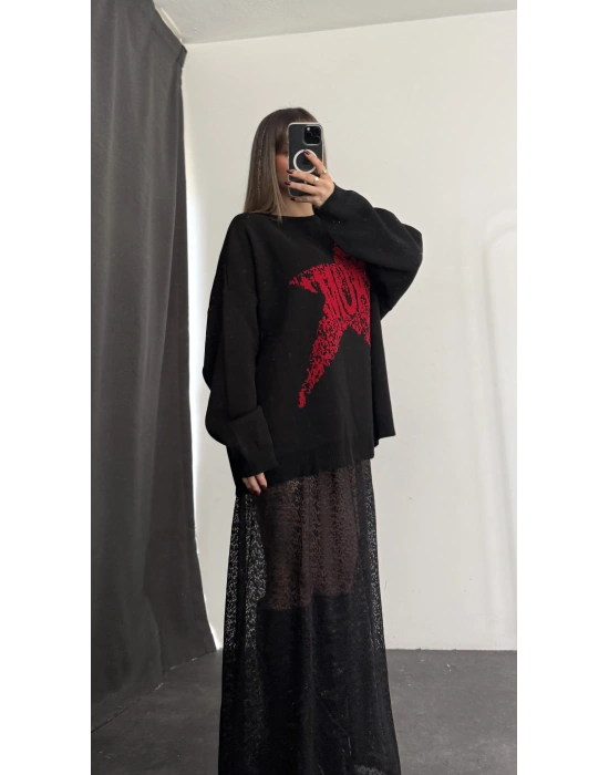 Star Desenli Kazak - Siyah