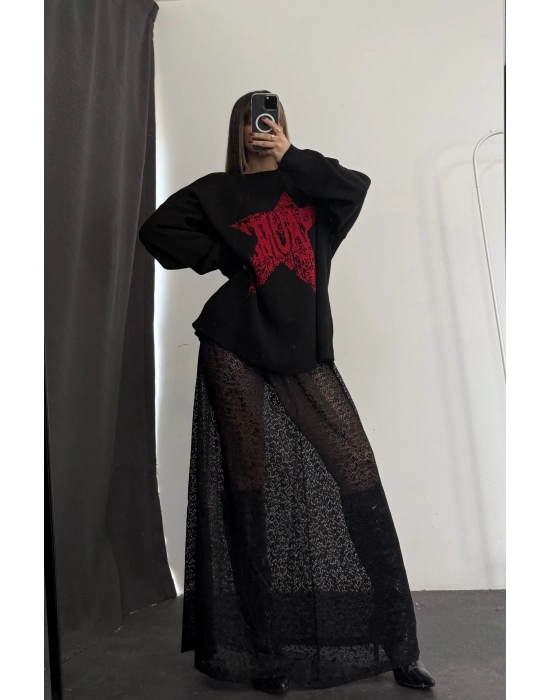 Star Desenli Kazak - Siyah