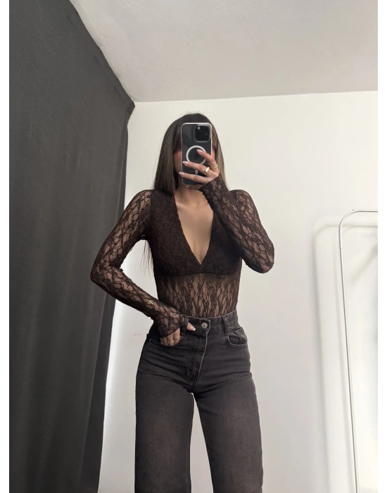 Storm Dantel Bodysuit - Kahve