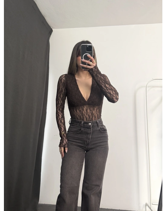 Storm Dantel Bodysuit - Kahve