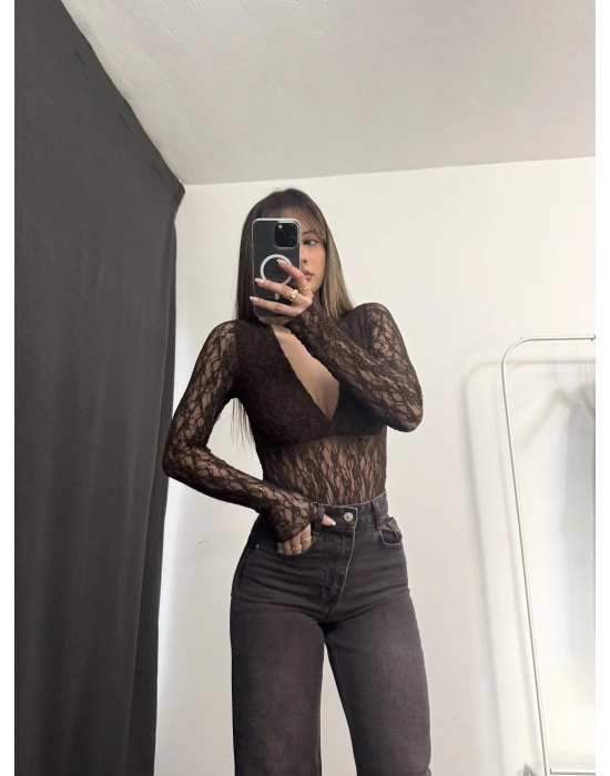 Storm Dantel Bodysuit - Kahve