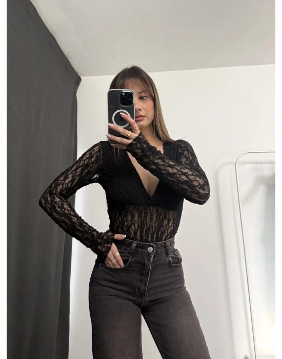 Storm Dantel Bodysuit - Siyah