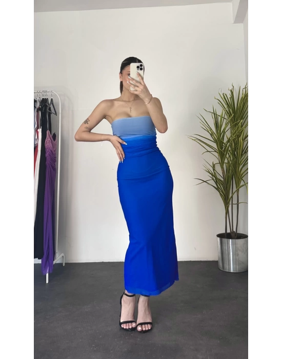 Straplez Batik Elbise - Mavi