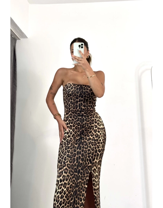 Straplez Leopar Elbise