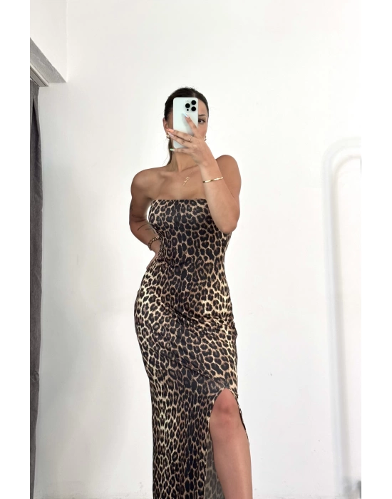 Straplez Leopar Elbise