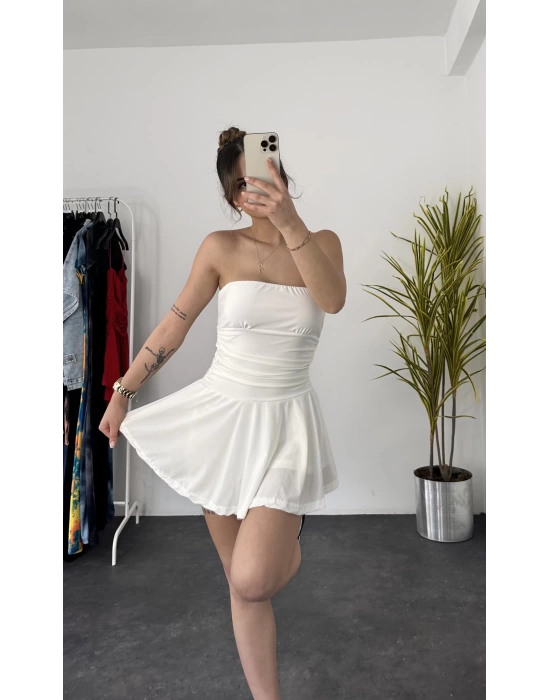 Straplez Şortlu Elbise - Beyaz