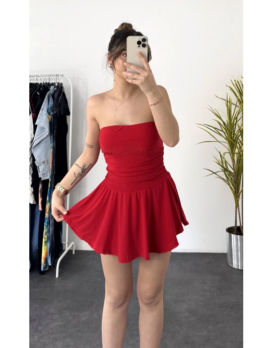 Straplez Şortlu Elbise - Kırmızı