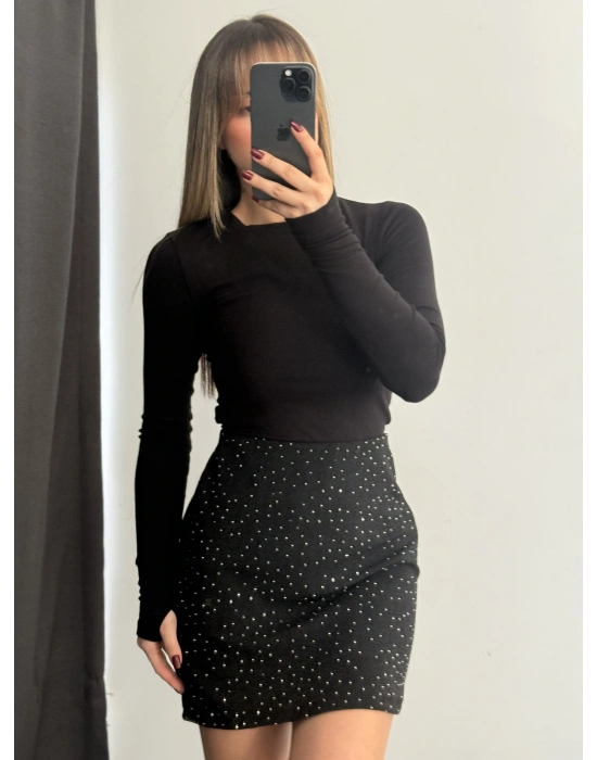 Tabia Taşlı Etek - Siyah