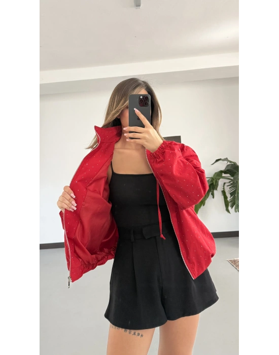 Taşlı Dik Yaka Astarlı Ceket - Kırmızı