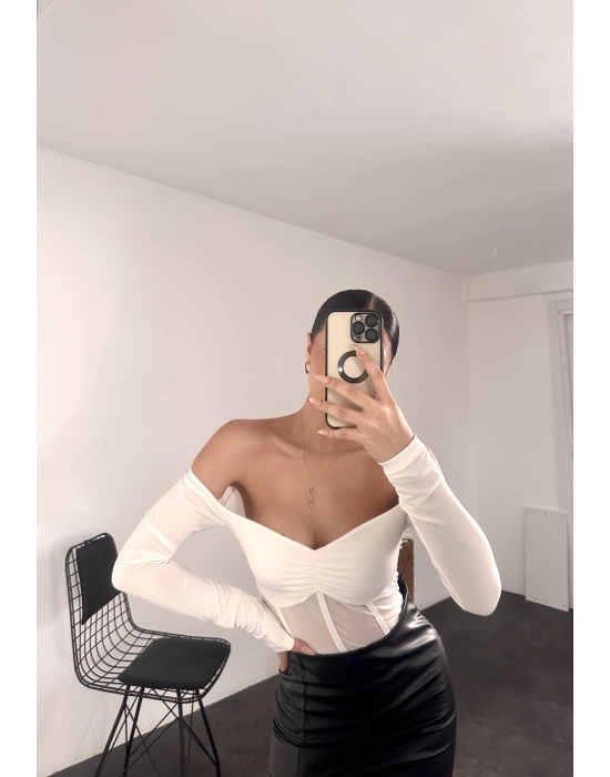 Tül Korse Bodysuit - Beyaz