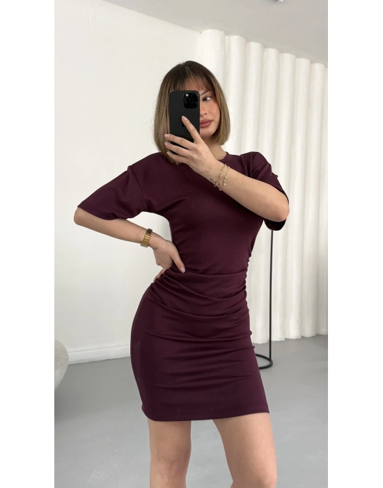 Ursula Drapeli Elbise - Bordo