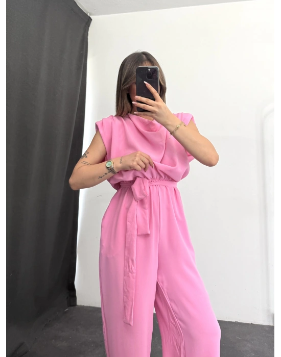 Vatkalı Crep Tulum - Pembe