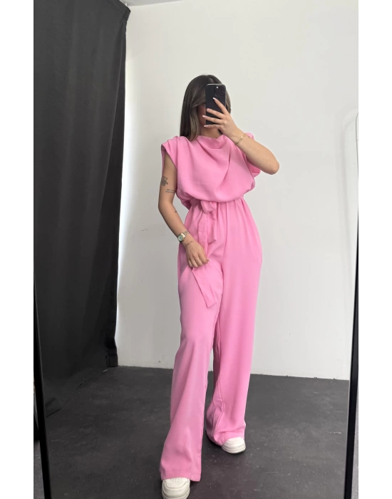Vatkalı Crep Tulum - Pembe