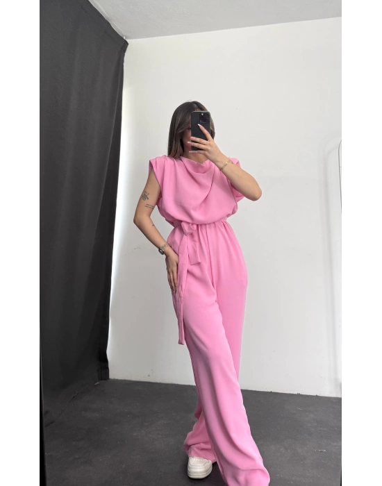 Vatkalı Crep Tulum - Pembe