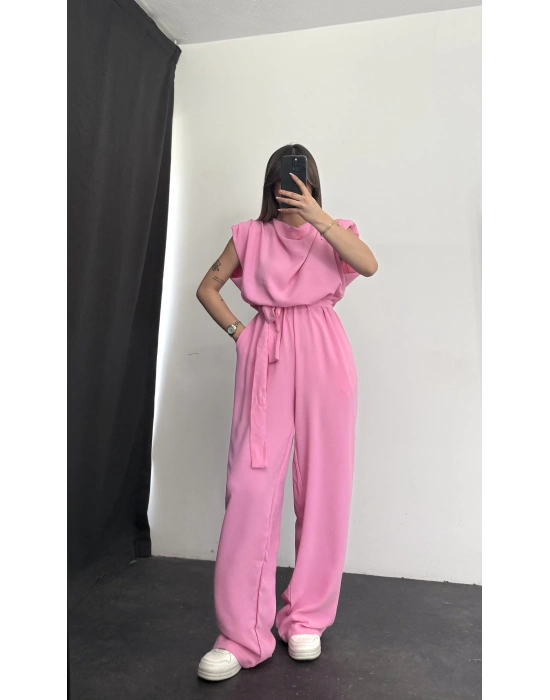 Vatkalı Crep Tulum - Pembe