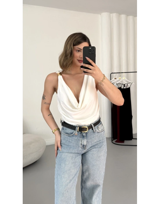 Venice Degaje Yaka Bodysuit - Beyaz