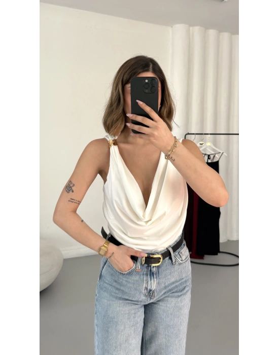 Venice Degaje Yaka Bodysuit - Beyaz