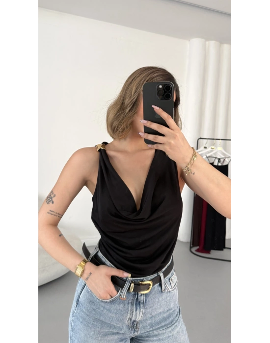 Venice Degaje Yaka Bodysuit - Siyah