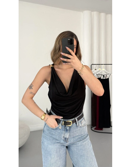 Venice Degaje Yaka Bodysuit - Siyah