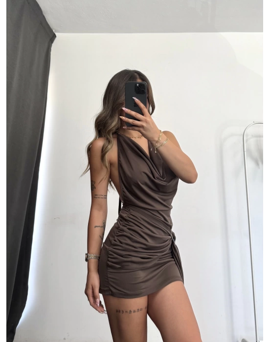 Vera Toka Detay Elbise - Kahve