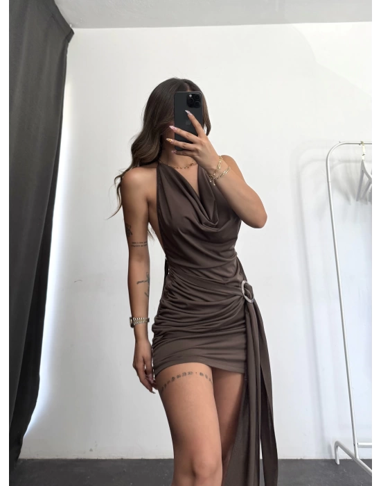 Vera Toka Detay Elbise - Kahve