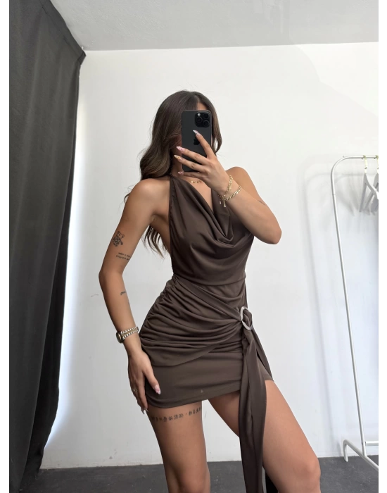 Vera Toka Detay Elbise - Kahve