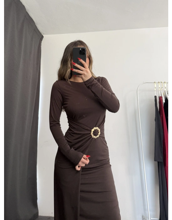 Vicky Toka Detay Elbise - Kahve