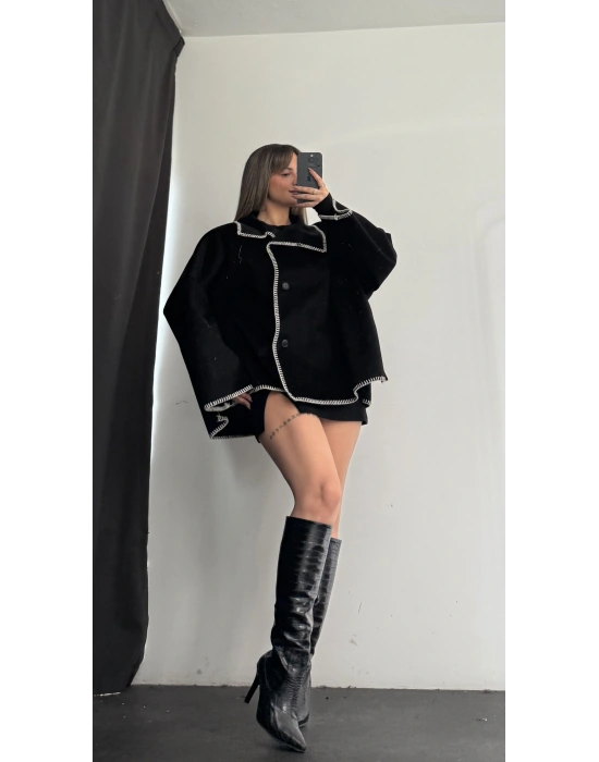 Vika Biyeli Kaşe Ceket - Siyah