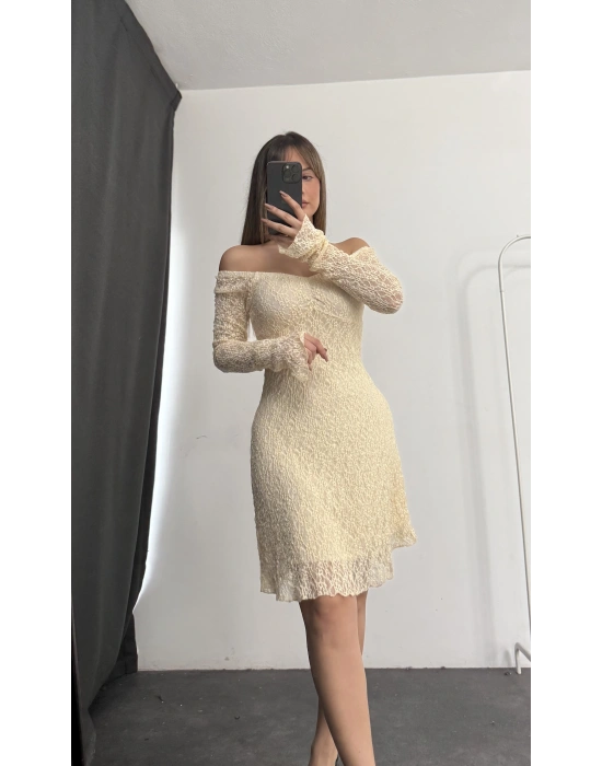 Violett Dantel Elbise - Bej