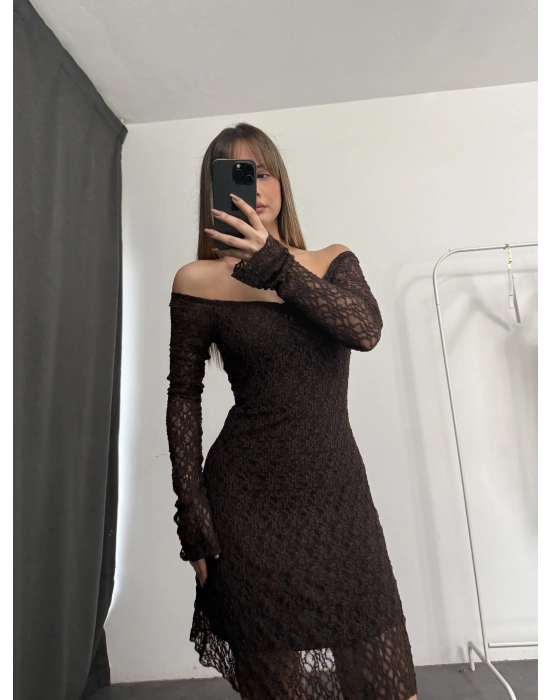 Violett Dantel Elbise - Kahve