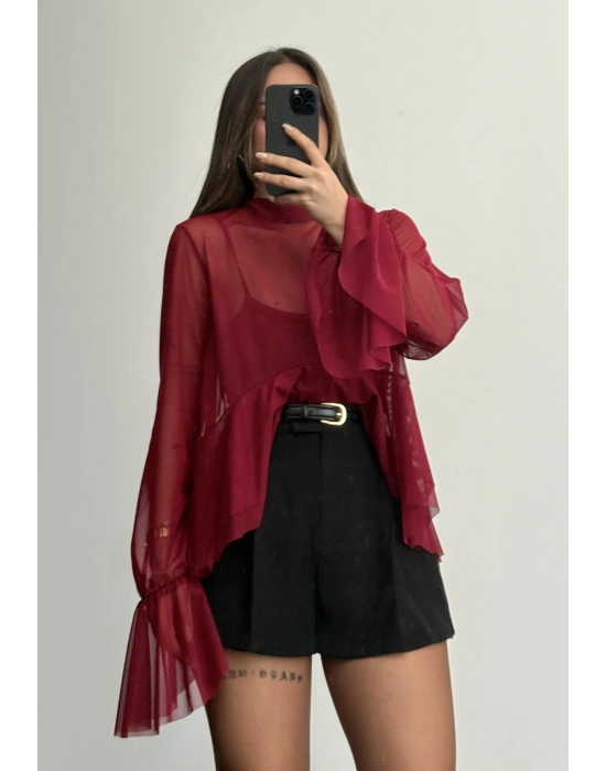 Volanlı Tül Bluz - Bordo