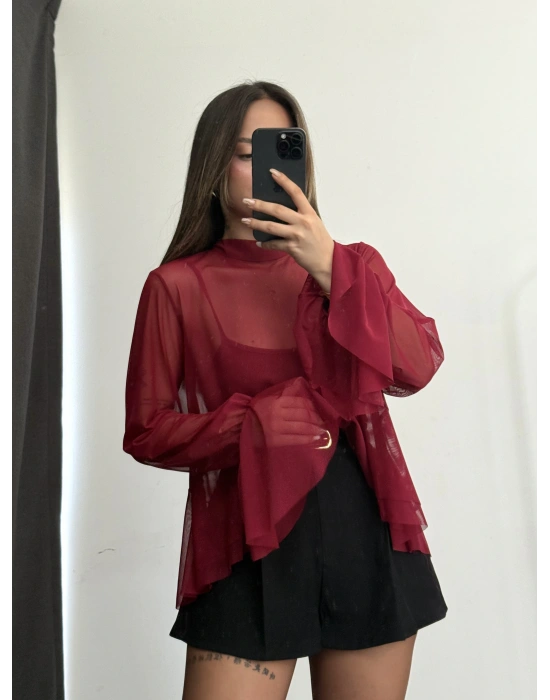 Volanlı Tül Bluz - Bordo