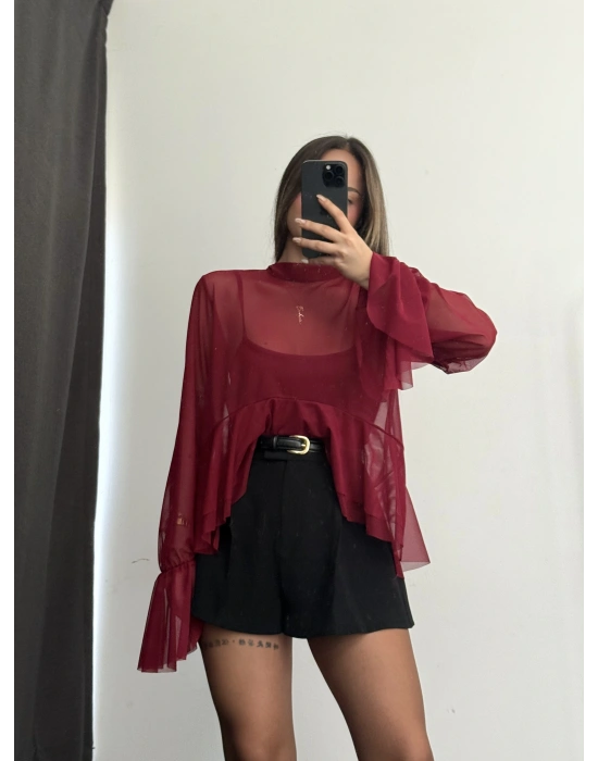 Volanlı Tül Bluz - Bordo