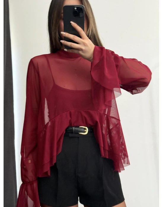 Volanlı Tül Bluz - Bordo