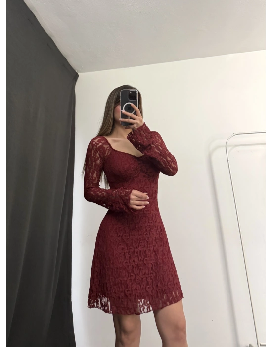 Wanda Mini Dantel Elbise - Bordo