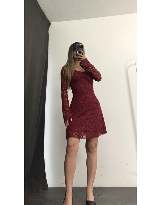Wanda Mini Dantel Elbise - Bordo